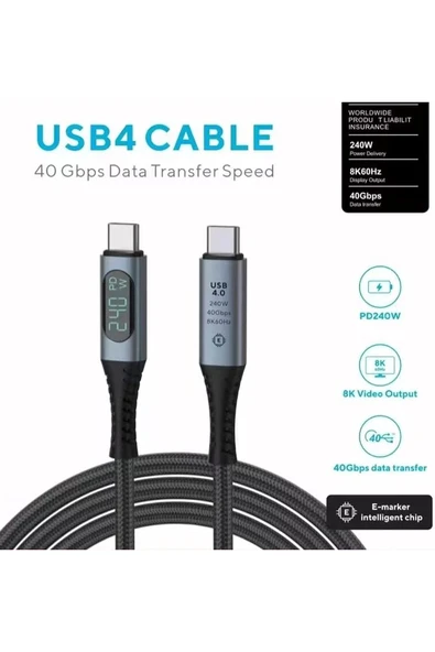 240W USB 4.0 Kablosu, Led Ekranlı, Tunderbolt 40Gbps 8K@60Hz PD Tip C Kablosu 1 Metre ZR850 Uyumlu - Resim 3
