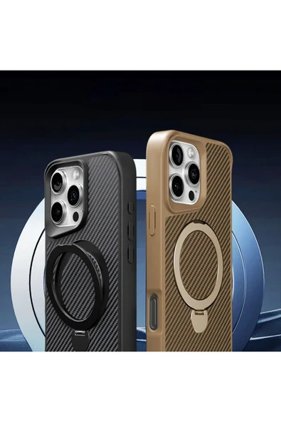 iPhone 13 ile uyumlu Kılıf Karbon Fiber Görünümlü Magsafe ile uyumlu Stand olabilen Carbon Case - 4