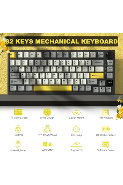 Ajazz Ak820 Pro 3 Modlu %75 Mekanik Klavye, Tft Akıllı Ekran Gasket-mounted Oyun Klavyesi Sarı Siyah - 6