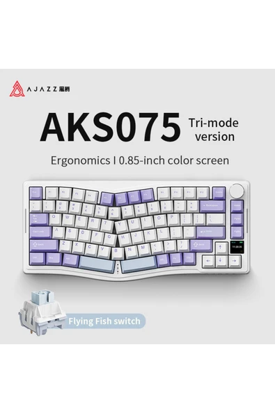 Ajazz AKS-075 Ergonomik Tasarım, TFT Ekranlı 3 Modlu Mekanik Klavye Mor Beyaz - Flying Fish Switch - 4