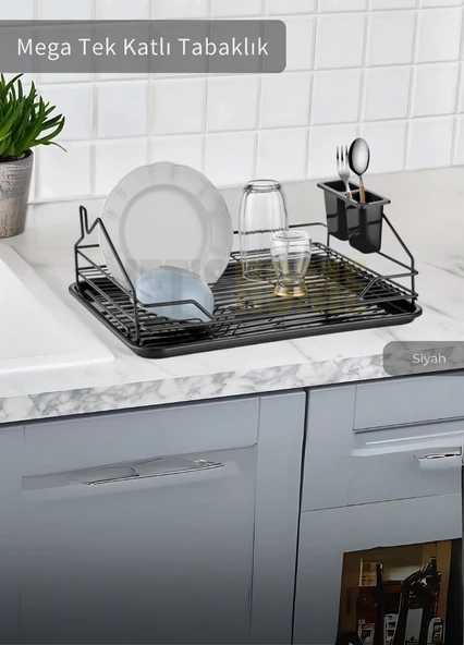 Mega Tek Katlı Bulaşıklık Tezgah Üstü Tabaklık BPA FREE Bulaşık Sepeti Siyah