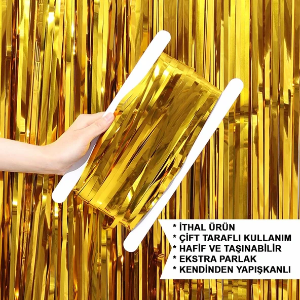 Altın Gold Renk Ekstra Metalize Parlak Saçaklı Arka Fon Perde İthal A Kalite 1x2 Metre - 5