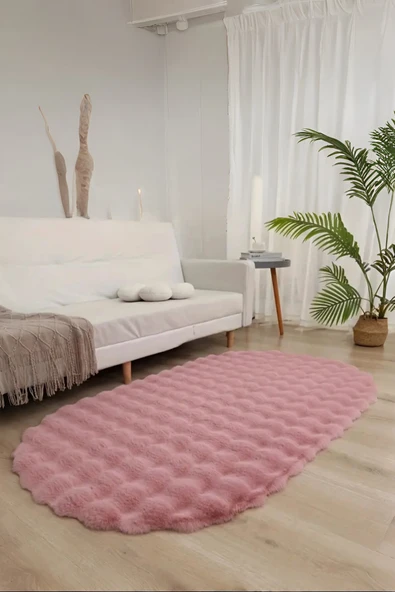 Bubble Oval Yumuşak Peluş Kaymaz Salon Oturma Odası Balkon Halısı Yolluk Pembe - 5