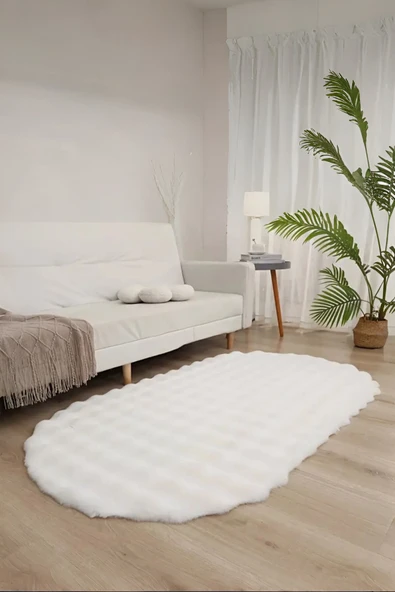 Bubble Oval Yumuşak Peluş Kaymaz Salon Oturma Odası Balkon Halısı Yolluk Krem - 5