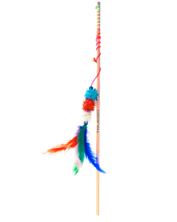 Kedi Oltası Ahşap Saplı Renkli Ponponlu & Tüylü Oyuncak 50cm