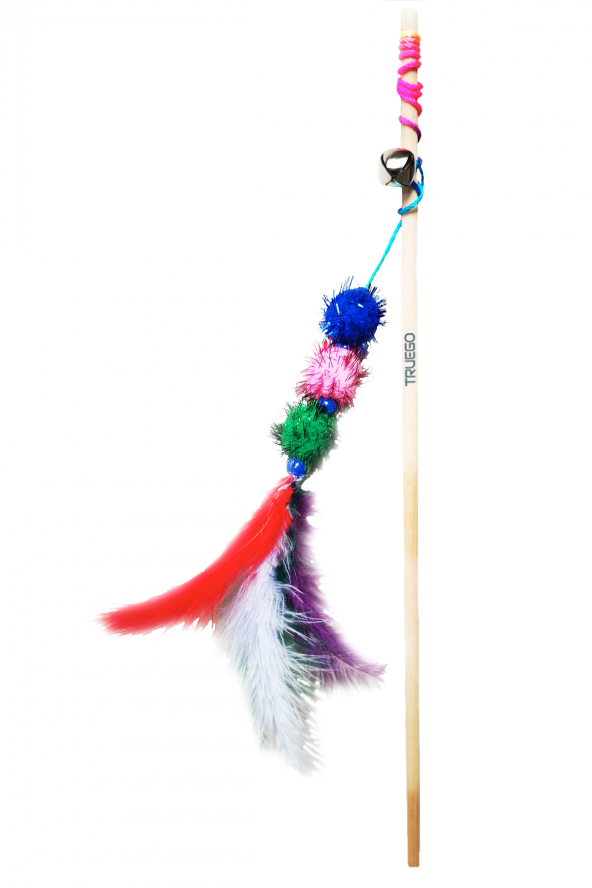 Kedi Oltası Ahşap Saplı Renkli Ponponlu & Tüylü Oyuncak 50cm - 3