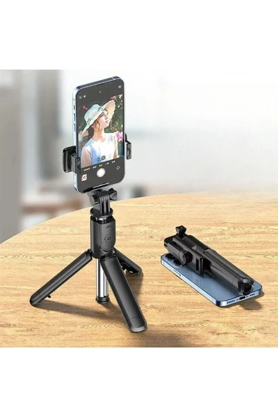 KUZGUN ONLİNE SHOP BUFFER® Masaüstü Tripod Olabilen Telefon Tutuculu Kablosuz Kumandalı Selfie Çubuğu