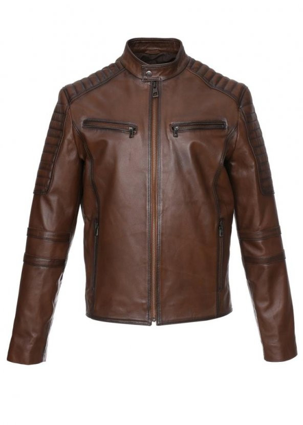Taba Renk Erkek Spor Deri Mont - 4