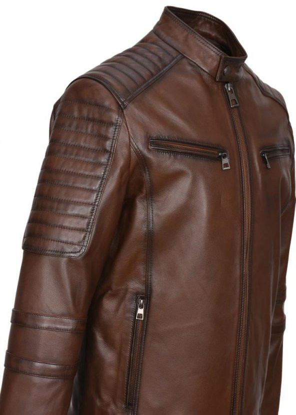 Taba Renk Erkek Spor Deri Mont - 5