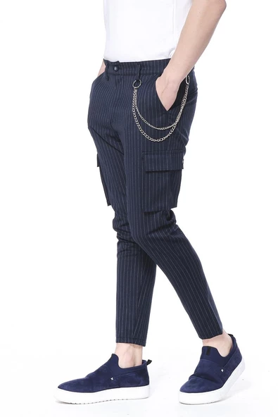 Erkek Düğmeli Kanguru Cepli Çizgili Zincir Detaylı Spor Jogger Pantolon - 7
