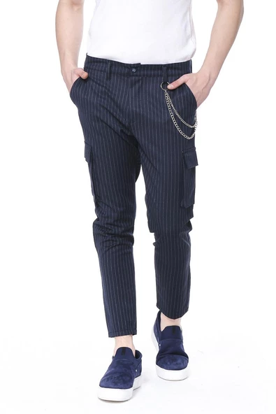 Erkek Düğmeli Kanguru Cepli Çizgili Zincir Detaylı Spor Jogger Pantolon - 6