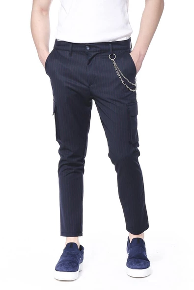 Erkek Düğmeli Kanguru Cepli Çizgili Zincir Detaylı Spor Jogger Pantolon - 2