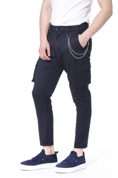 Erkek Düğmeli Kanguru Cepli Çizgili Zincir Detaylı Spor Jogger Pantolon - 4