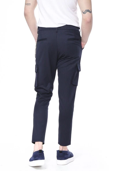 Erkek Düğmeli Kanguru Cepli Çizgili Zincir Detaylı Spor Jogger Pantolon - 5