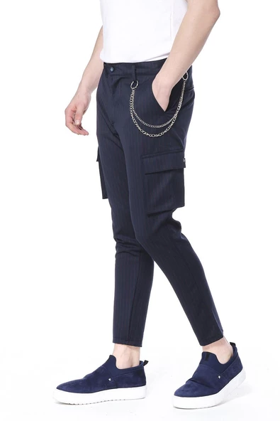 Erkek Düğmeli Kanguru Cepli Çizgili Zincir Detaylı Spor Jogger Pantolon - 3