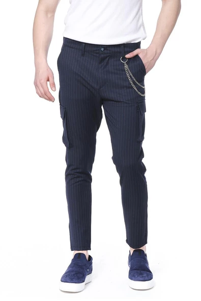 Erkek Düğmeli Kanguru Cepli Çizgili Zincir Detaylı Spor Jogger Pantolon - 10