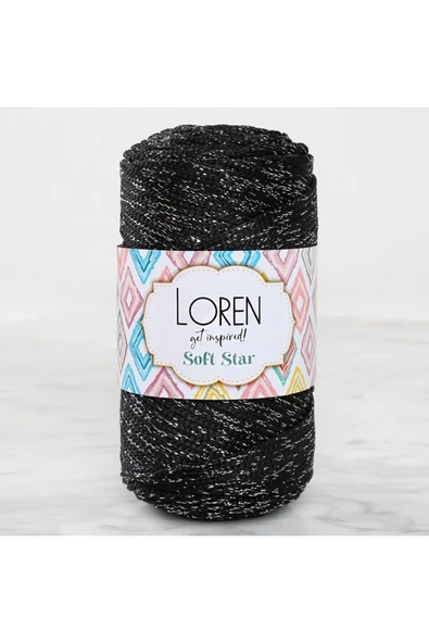 KUZGUN ONLİNE SHOP Loren Soft Star Makrome İpi Gümüş Simli Siyah RM10