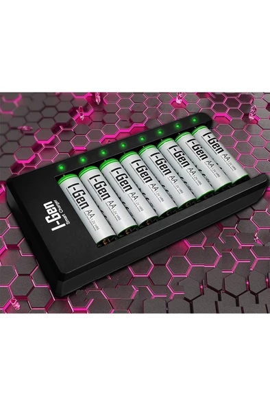 I-Gen G827 8'li AA 2700 Mah Şarjlı Kalem Pil + 8'li USB Type-C Yüksek Hızlı Akıllı Pil Şarj Aleti SET