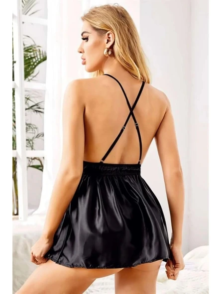 Nightlight Kadın Siyah Saten Gecelik Çapraz Askılı 3361 - 4