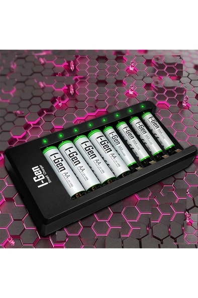 I-Gen G879 8'li Pil Şarj Aleti + 4 Adet AA 2700 mAh + 4 Adet AAA 900 mAh Şarjlı Kalem Pilli Set 1.2V Ni-MH