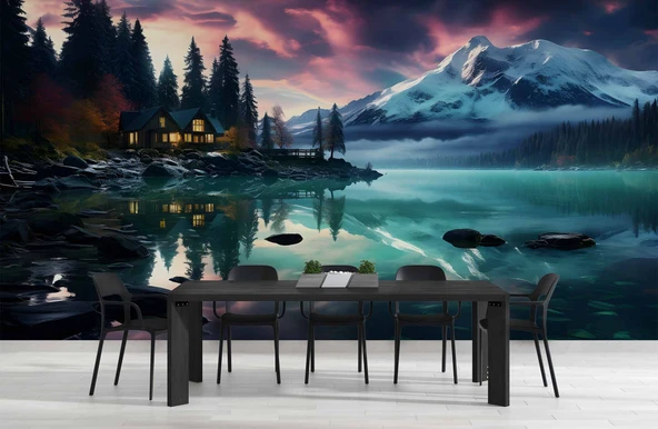 Göl Orman ve Karlı Dağ Manzaralı Duvar Kağıdı - Resim 5