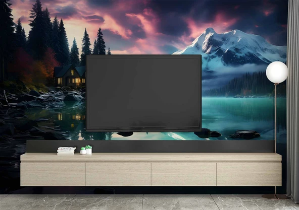 Göl Orman ve Karlı Dağ Manzaralı Duvar Kağıdı - Resim 2