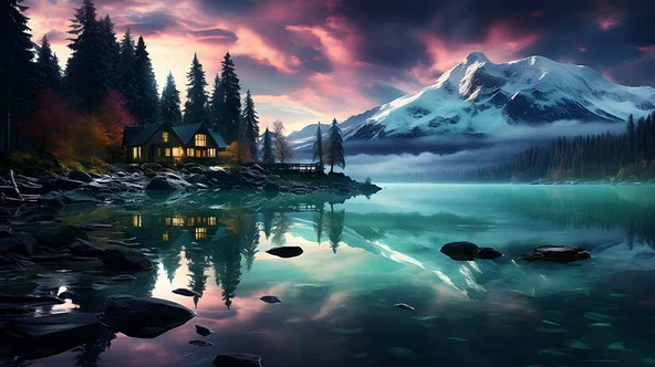 Göl Orman ve Karlı Dağ Manzaralı Duvar Kağıdı - Resim 6