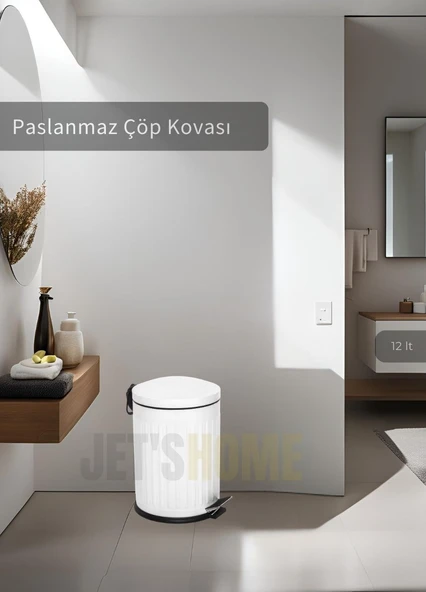 Pedallı Banyo Çöp Kovası Paslanmaz 12 Lt Mutfak Çöp Kutusu Beyaz