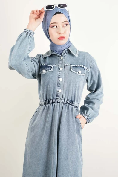 Bayan Denim Elbise Biye Nakışlı Elbise Açık Mavi - 2