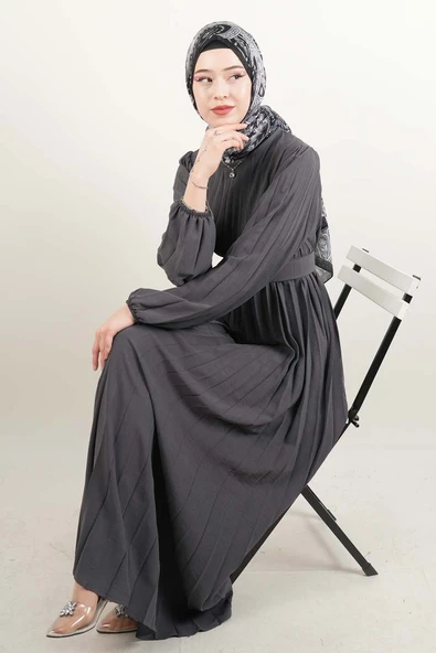 Ayrobin Elbise Kalın Kemerli Piliseli Elbise Koyu Gri