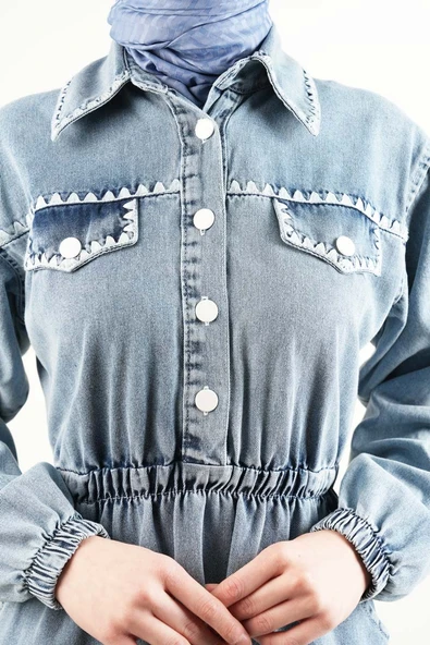 Bayan Denim Elbise Biye Nakışlı Elbise Açık Mavi - 4