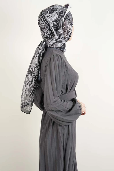 Ayrobin Elbise Kalın Kemerli Piliseli Elbise Koyu Gri - 3