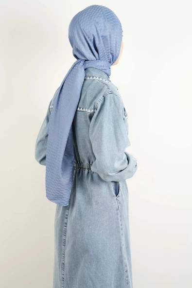 Bayan Denim Elbise Biye Nakışlı Elbise Açık Mavi - 3