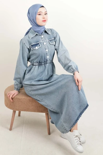 Bayan Denim Elbise Biye Nakışlı Elbise Açık Mavi