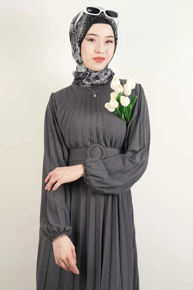 Ayrobin Elbise Kalın Kemerli Piliseli Elbise Koyu Gri - 2