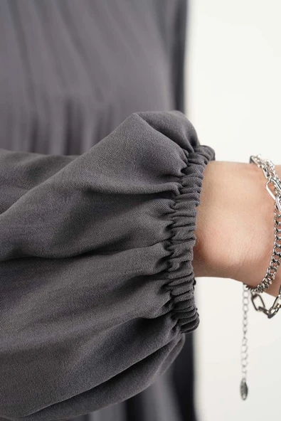 Ayrobin Elbise Kalın Kemerli Piliseli Elbise Koyu Gri - 4