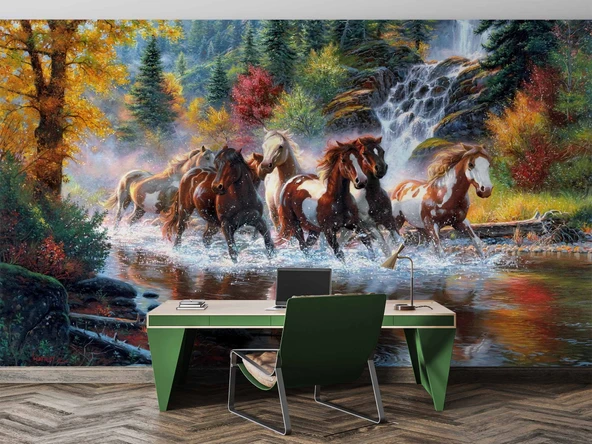 Nehir Üzerinde Atların Koşma Manzaralı Duvar Kağıdı - Resim 4