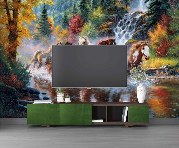 Nehir Üzerinde Atların Koşma Manzaralı Duvar Kağıdı - Resim 3