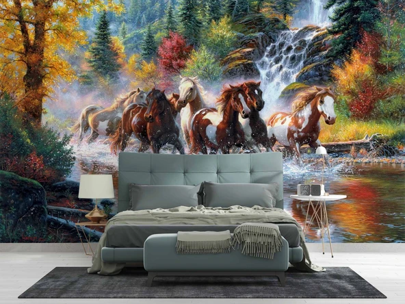 Nehir Üzerinde Atların Koşma Manzaralı Duvar Kağıdı - Resim 2