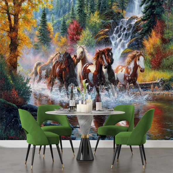 Nehir Üzerinde Atların Koşma Manzaralı Duvar Kağıdı - Resim 5