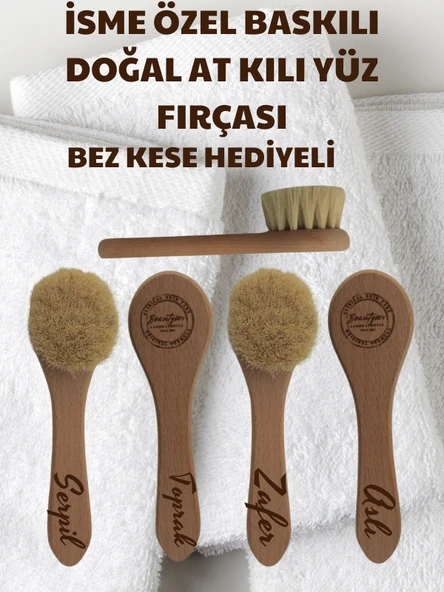 Beautysev İsme Özel  Baskılı %100 Doğal At kılı yüz bakım fırçası (Bez çanta hediyeli)