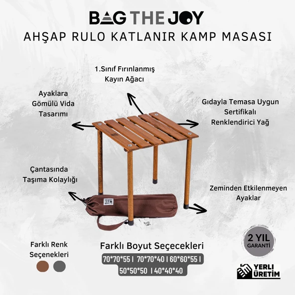 Bag The Joy 40x40x40 cm Ahşap Katlanır Kamp ve Piknik Masası - Kahverengi - 5