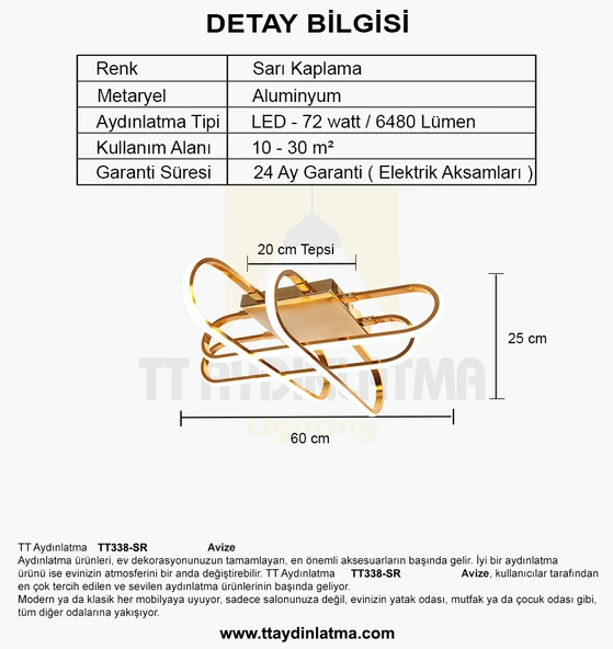 TT Aydınlatma TT338-SR  Kasef Model Sarı Kaplama Led Avize - Resim 4