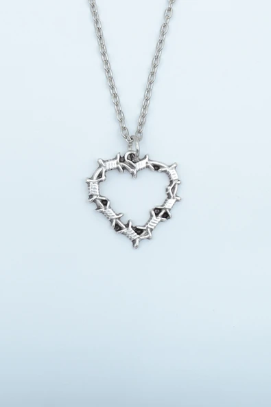 Dikenli Kalp Gümüş Kaplama Düz Zincir Kolye - Resim 2