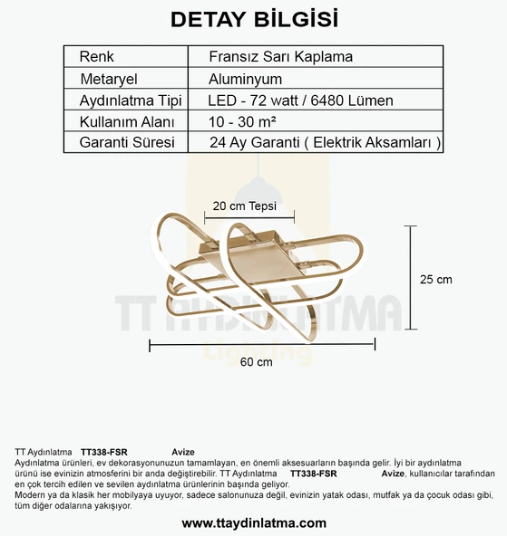 TT Aydınlatma TT338-FSR  Kasef Model Fransız Sarı Kaplama Led Avize - 4