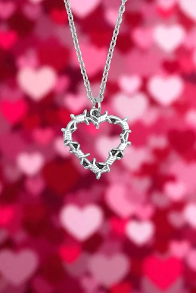 Dikenli Kalp Gümüş Kaplama Düz Zincir Kolye ürün görseli 1