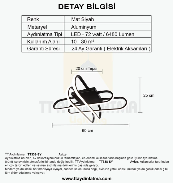 TT Aydınlatma TT338-SY  Kasef Model Mat Siyah Led Avize - 4