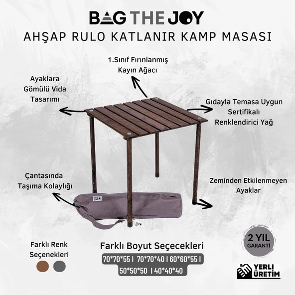 Bag The Joy 50x50x50 cm Ahşap Katlanır Kamp ve Piknik Masası - Antrasit - 4