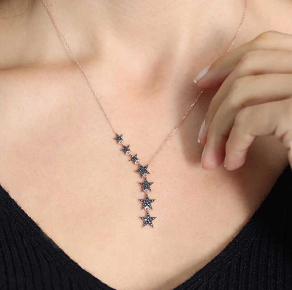 Gümüş Siyah Kayan Yıldızlar Bayan Kolye - Resim 2