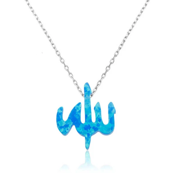 Gümüş Mavi Opal Taşlı Allah Yazılı Bayan Kolye - 3
